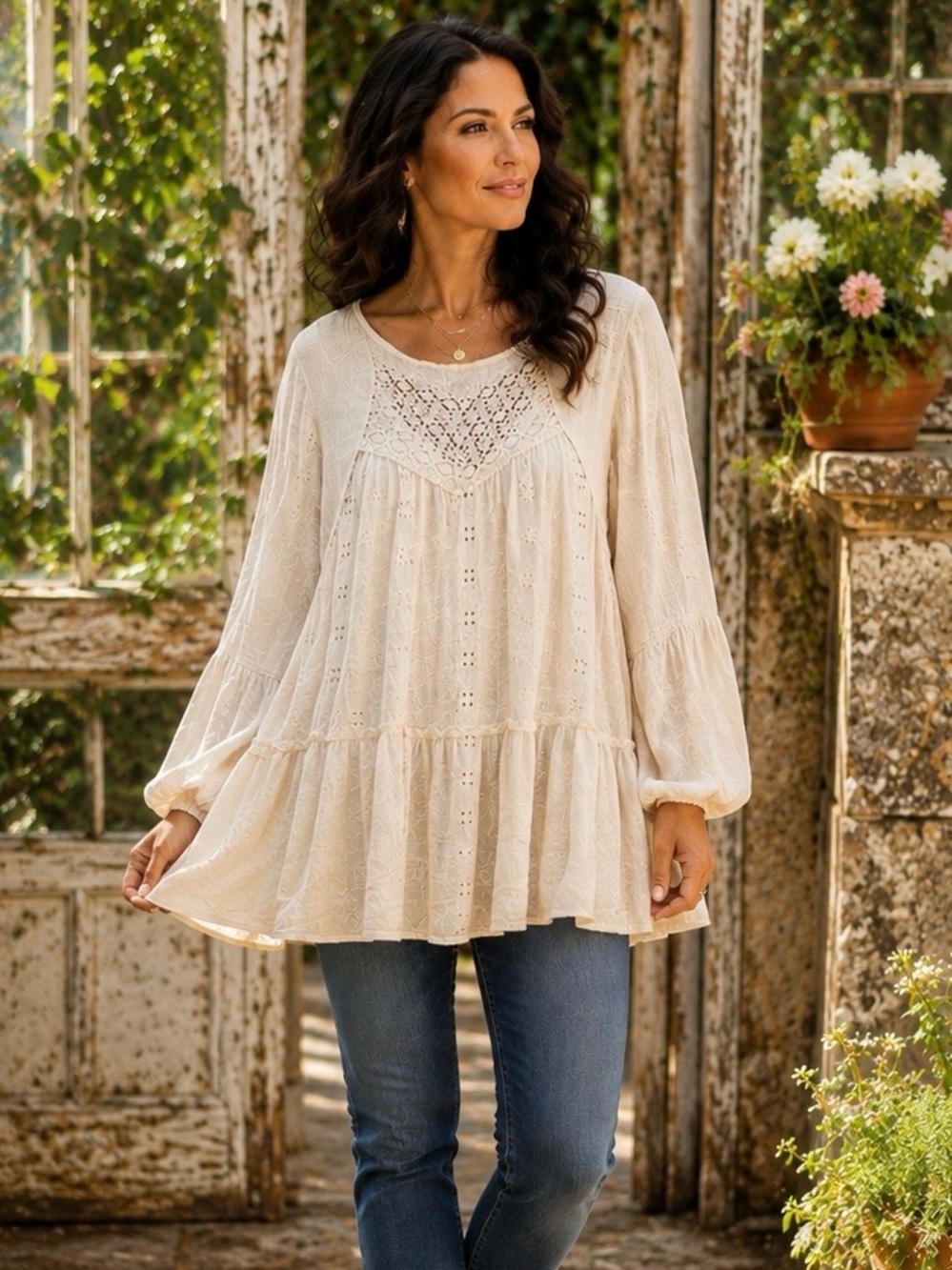 Adiva Cream Crochet Yoke Peasant Blouse
